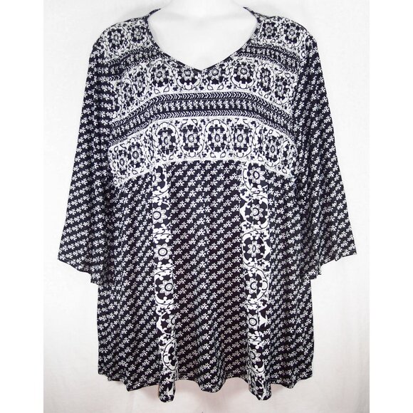 Black & White 6X Tunic Top Empire Waist 3/4 sleeve V-Neck Measures To Be 3X/4X - Picture 5 of 13